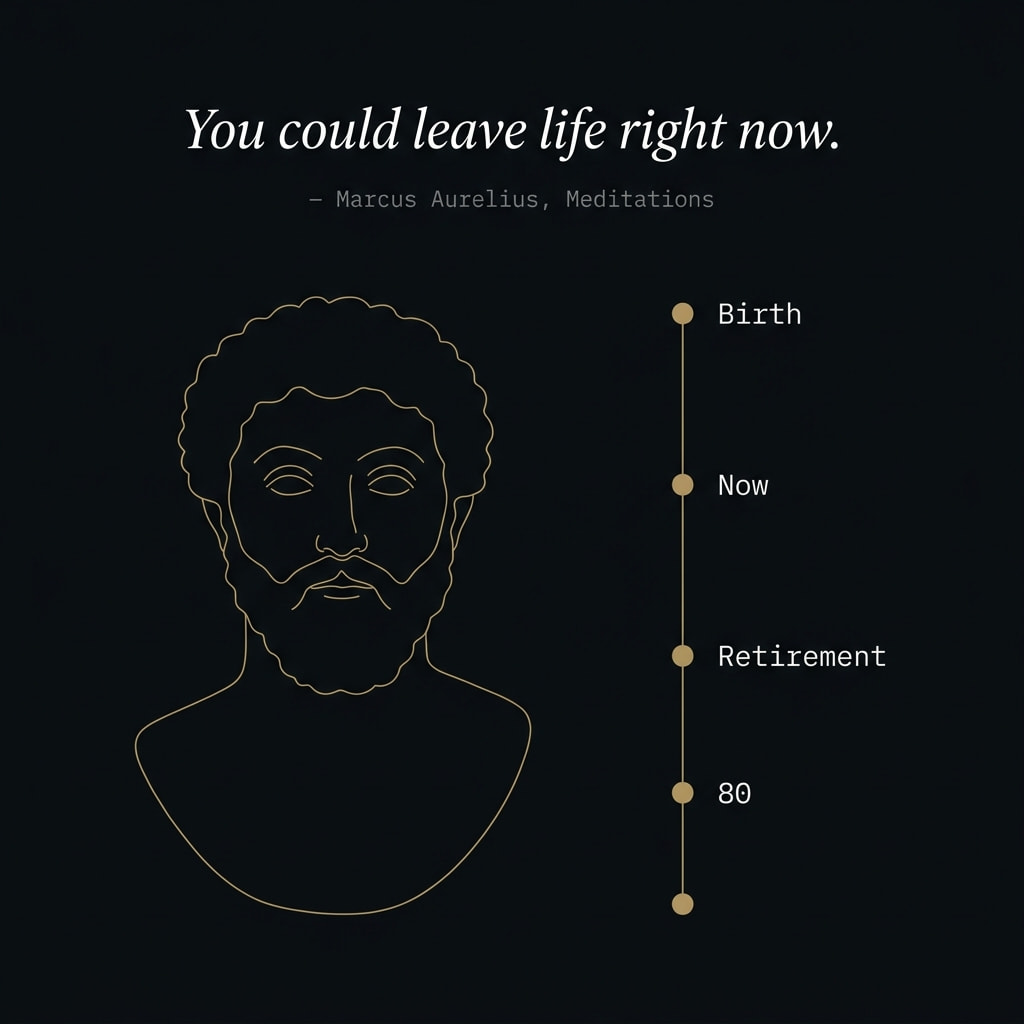 Marcus Aurelius silhouette with life timeline — you could leave life right now