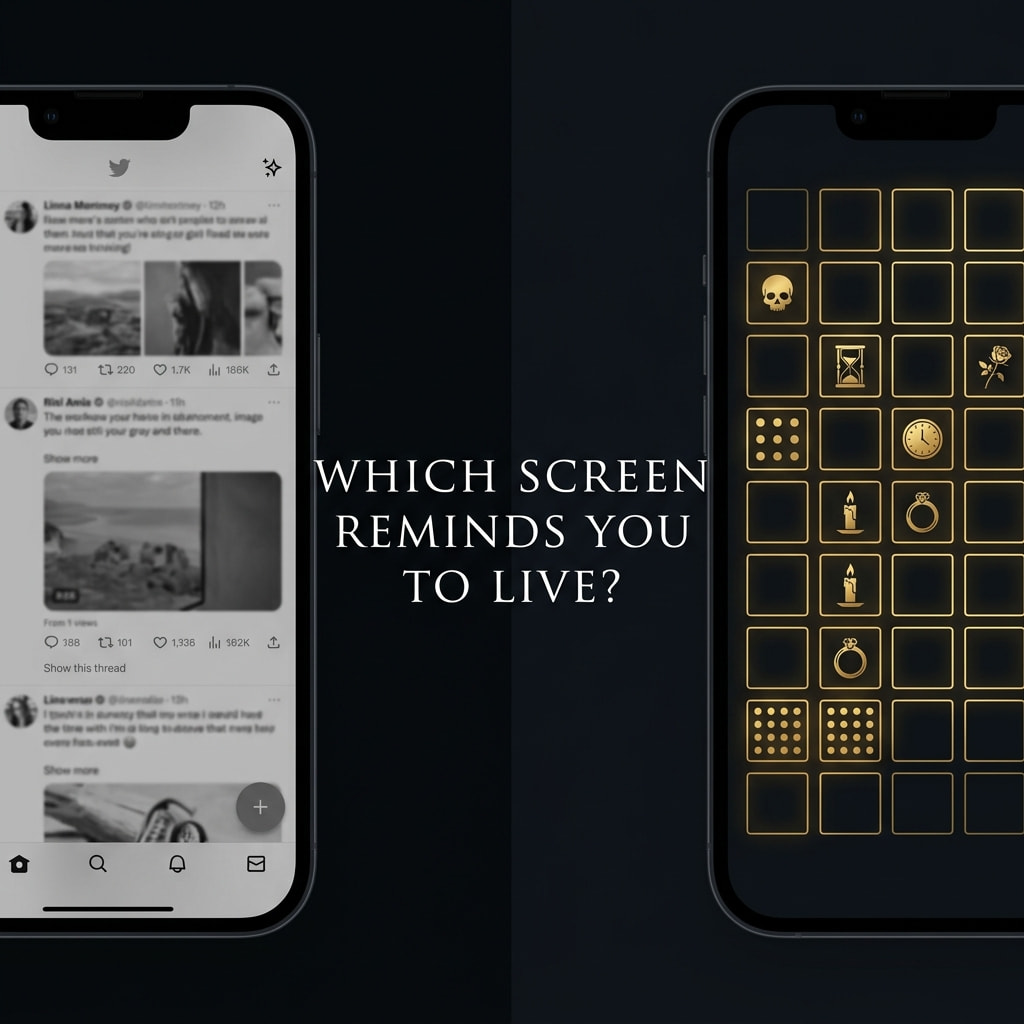 Two phone screens — infinite scroll vs. Memento Mori grid. Which screen reminds you to live?