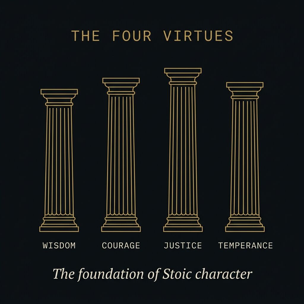 Four gold architectural columns representing the four Stoic virtues: wisdom, courage, justice, temperance
