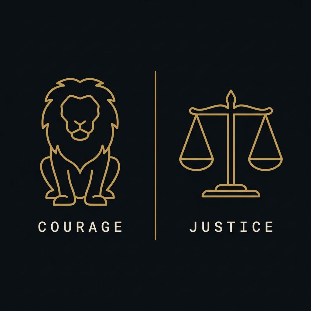 Gold outline lion and scales of justice facing each other — representing Stoic courage and justice