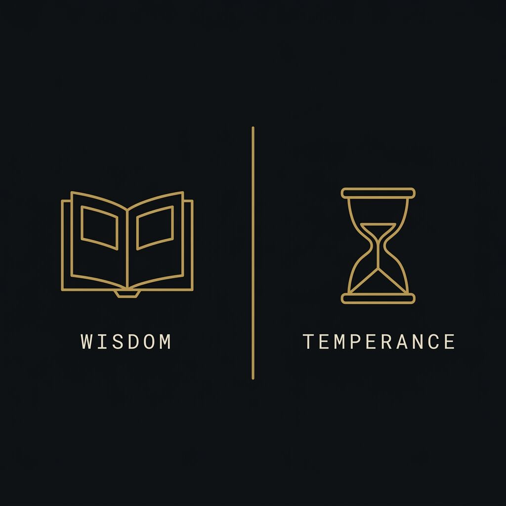 Gold outline open book and hourglass representing Stoic wisdom and temperance