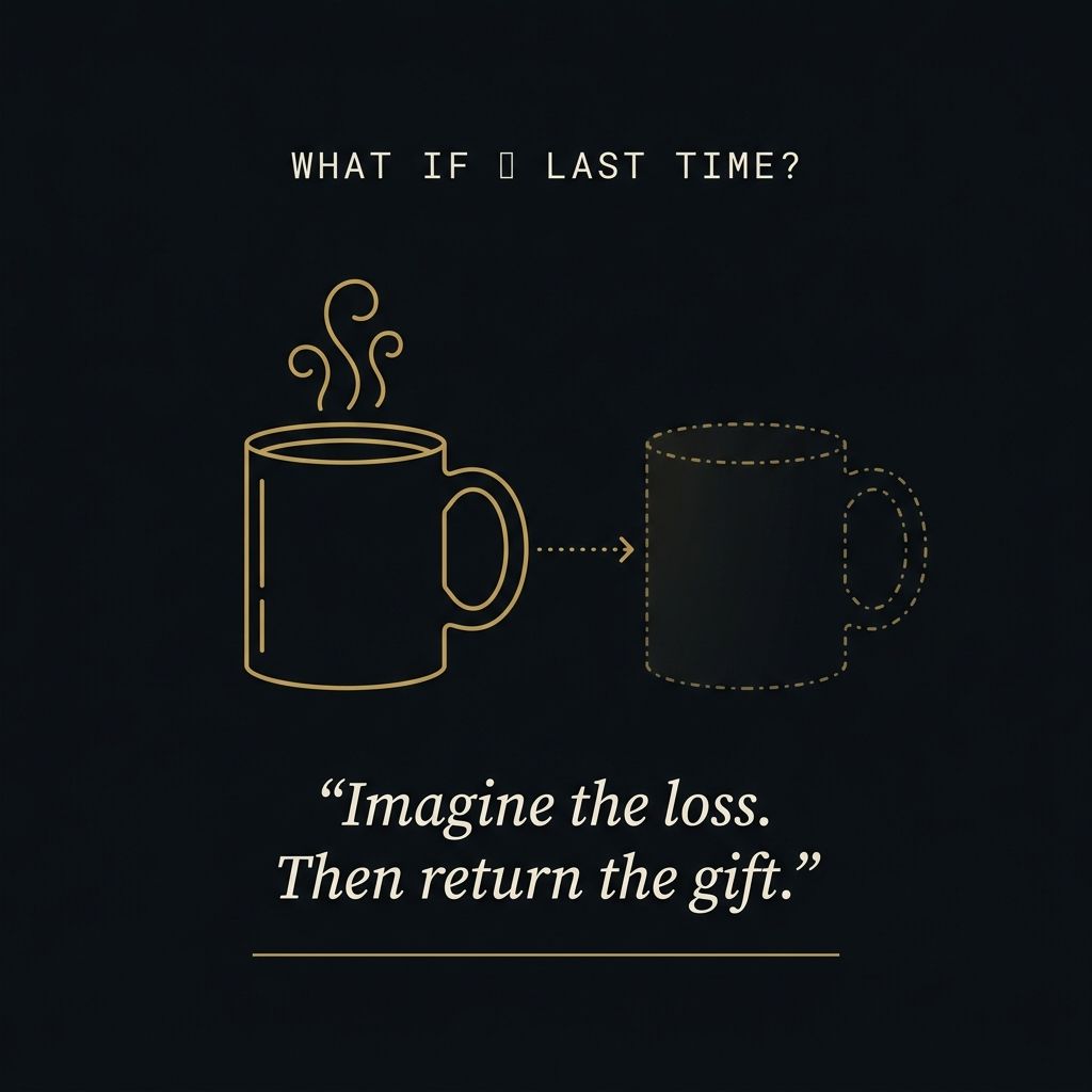 Negative visualization &mdash; one full mug, one ghost-outline empty mug. Imagine the loss, then return the gift.
