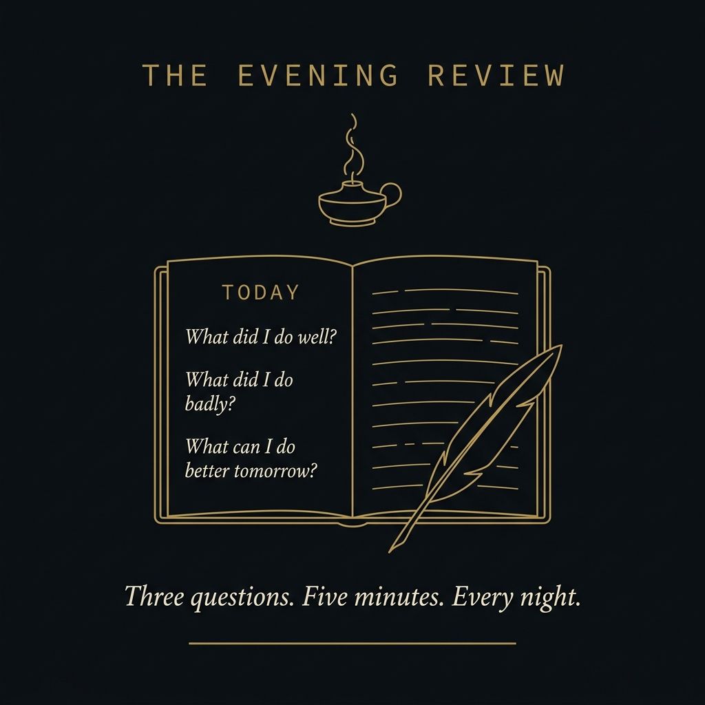 The Stoic evening review &mdash; an open notebook with three questions by lamplight