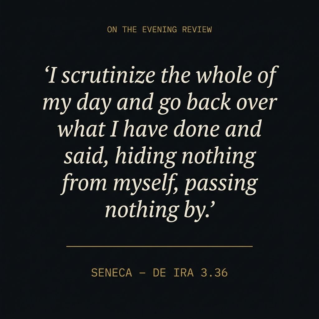 &lsquo;I scrutinize the whole of my day and go back over what I have done and said, hiding nothing from myself, passing nothing by.&rsquo; &mdash; Seneca, De Ira 3.36