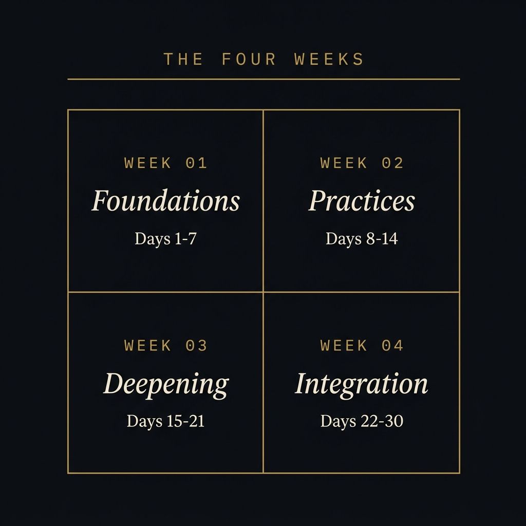 The 4 weeks — foundations, practices, deepening, integration