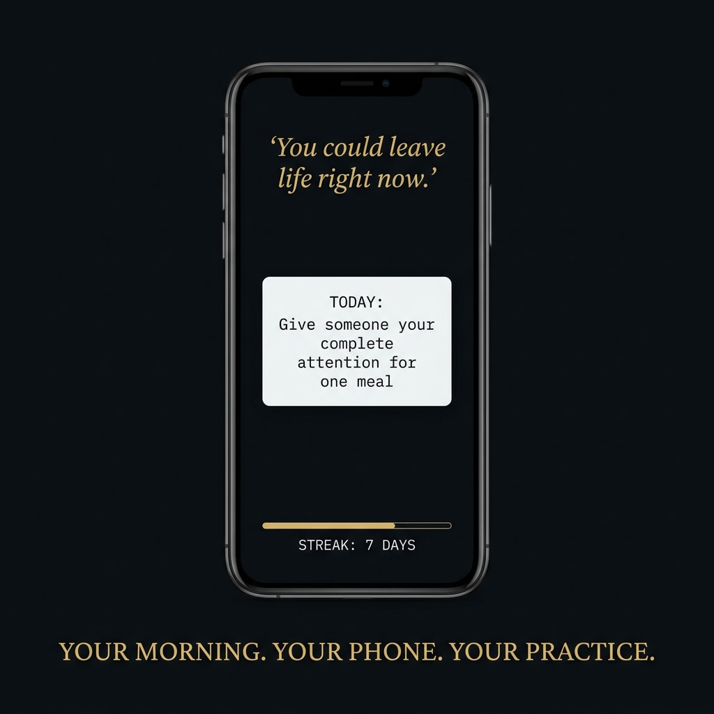 StoicNow app showing morning quote, daily challenge, and streak counter