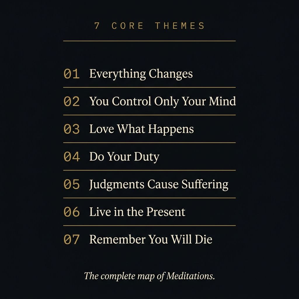 Seven core themes of Meditations listed