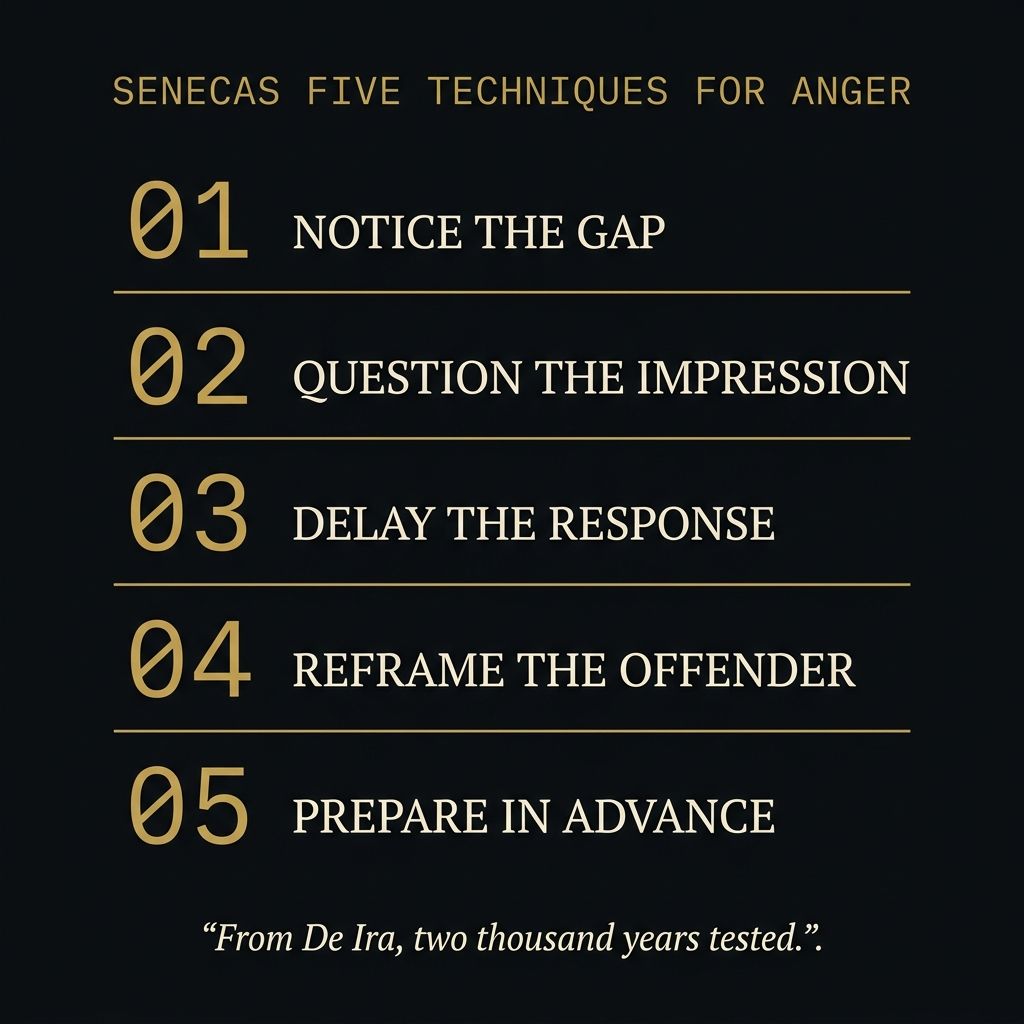 Seneca's five techniques for anger: notice the gap, question the impression, delay the response, reframe the offender, prepare in advance
