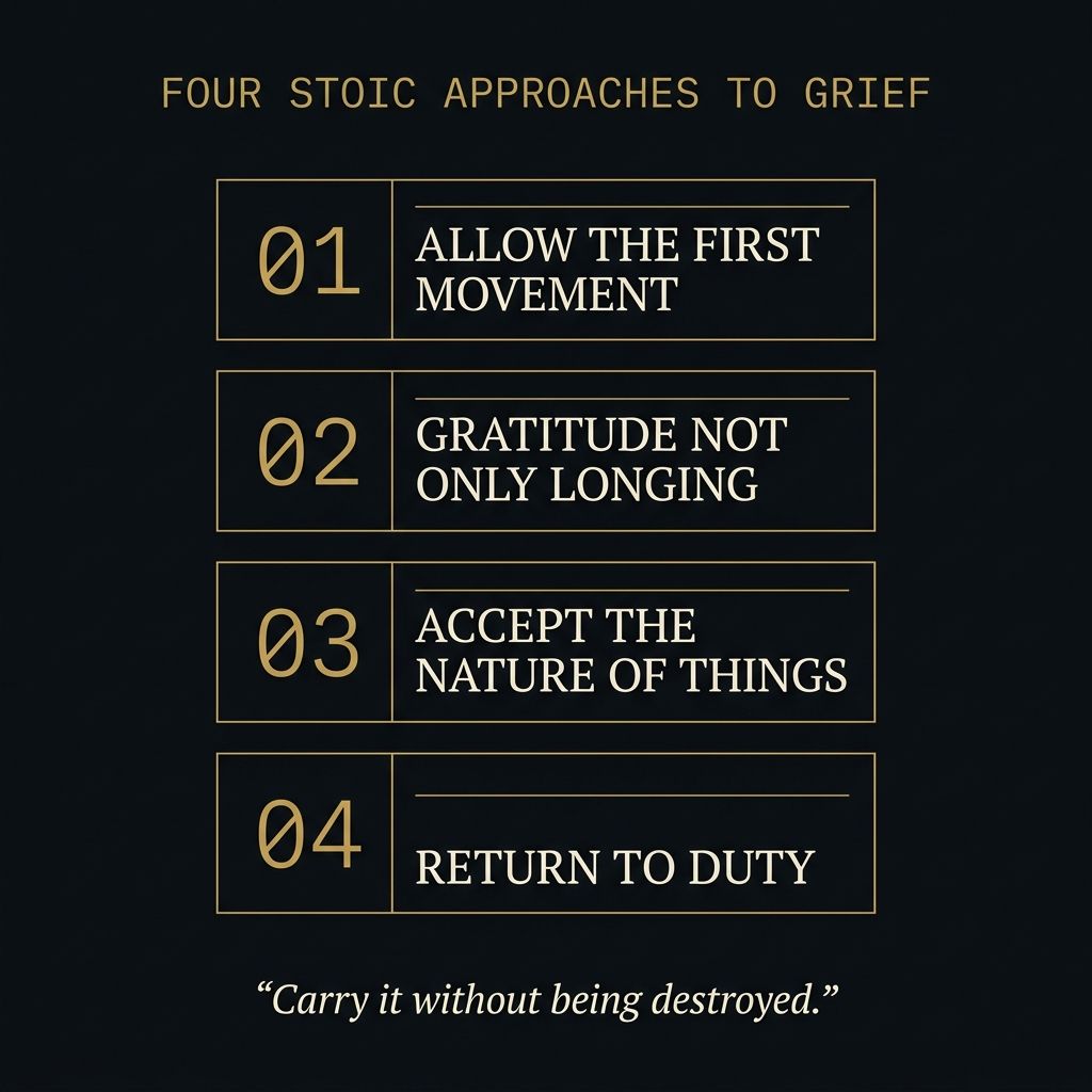 Four Stoic approaches to grief: allow the first movement, gratitude not only longing, accept the nature of things, return to duty