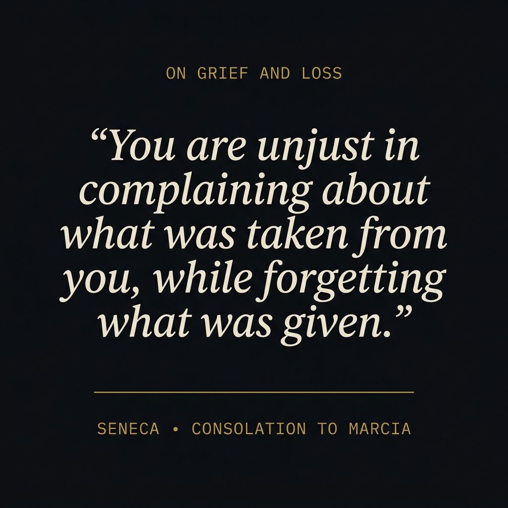 &lsquo;You are unjust in complaining about what was taken from you, while forgetting what was given.&rsquo; &mdash; Seneca, Consolation to Marcia