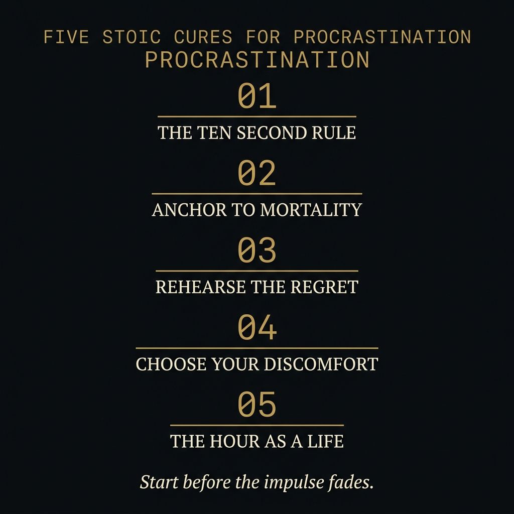 Five Stoic cures for procrastination: the ten-second rule, anchor to mortality, rehearse the regret, choose your discomfort, the hour as a life
