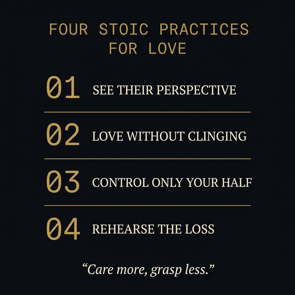 Four Stoic practices for love: see their perspective, love without clinging, control only your half, rehearse the loss