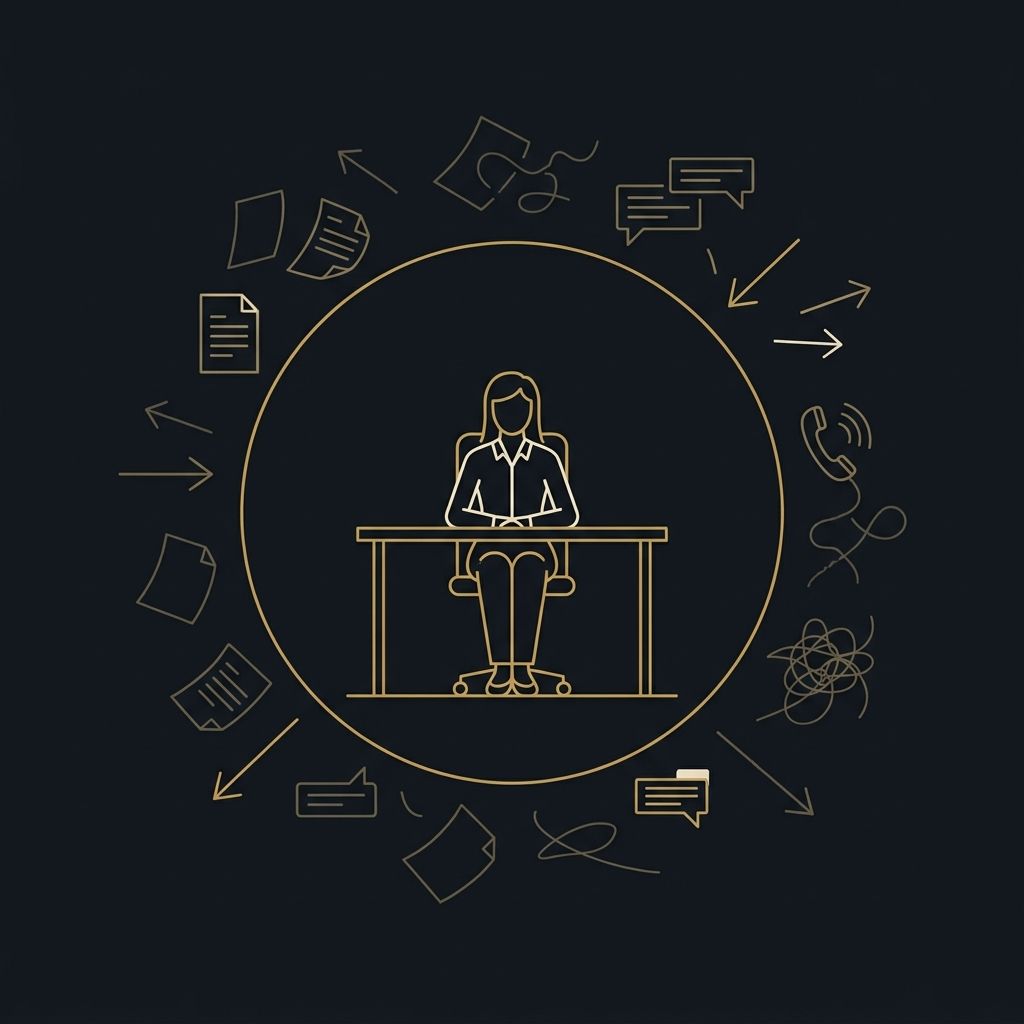 Stoicism at work &mdash; one calm figure at the center of office chaos