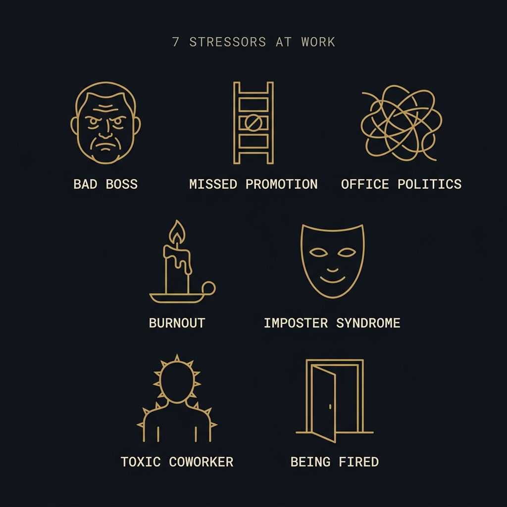 Seven workplace stressors paired with their Stoic responses: bad boss, missed promotion, office politics, burnout, imposter syndrome, toxic coworker, being fired