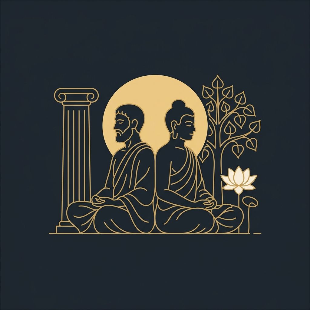Stoicism vs Buddhism &mdash; two meditating figures, a Greek column and a bodhi tree