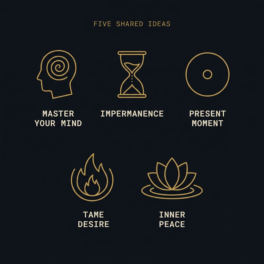 Five ideas Stoicism and Buddhism share: master your mind, impermanence, present moment, tame desire, inner peace