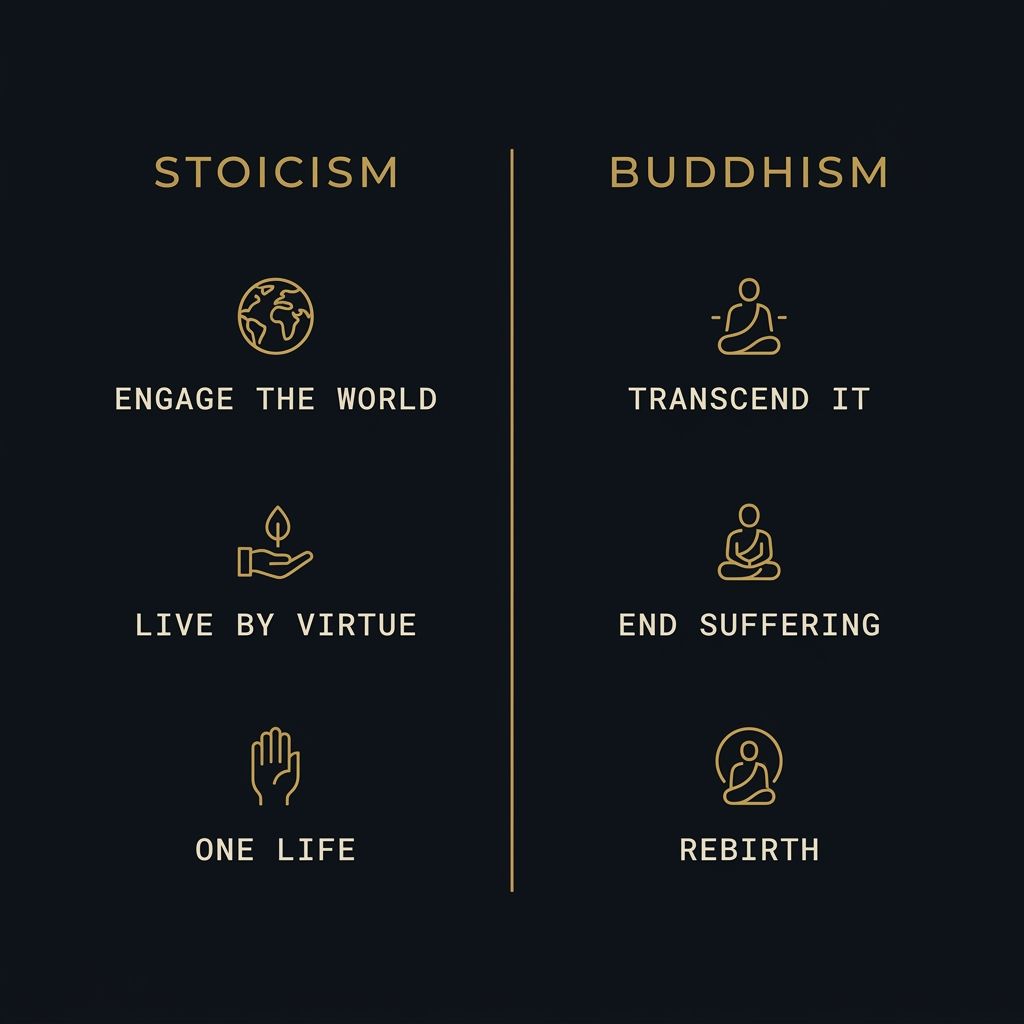 Three differences between Stoicism and Buddhism: engage the world vs transcend it, live by virtue vs end suffering, one life vs rebirth