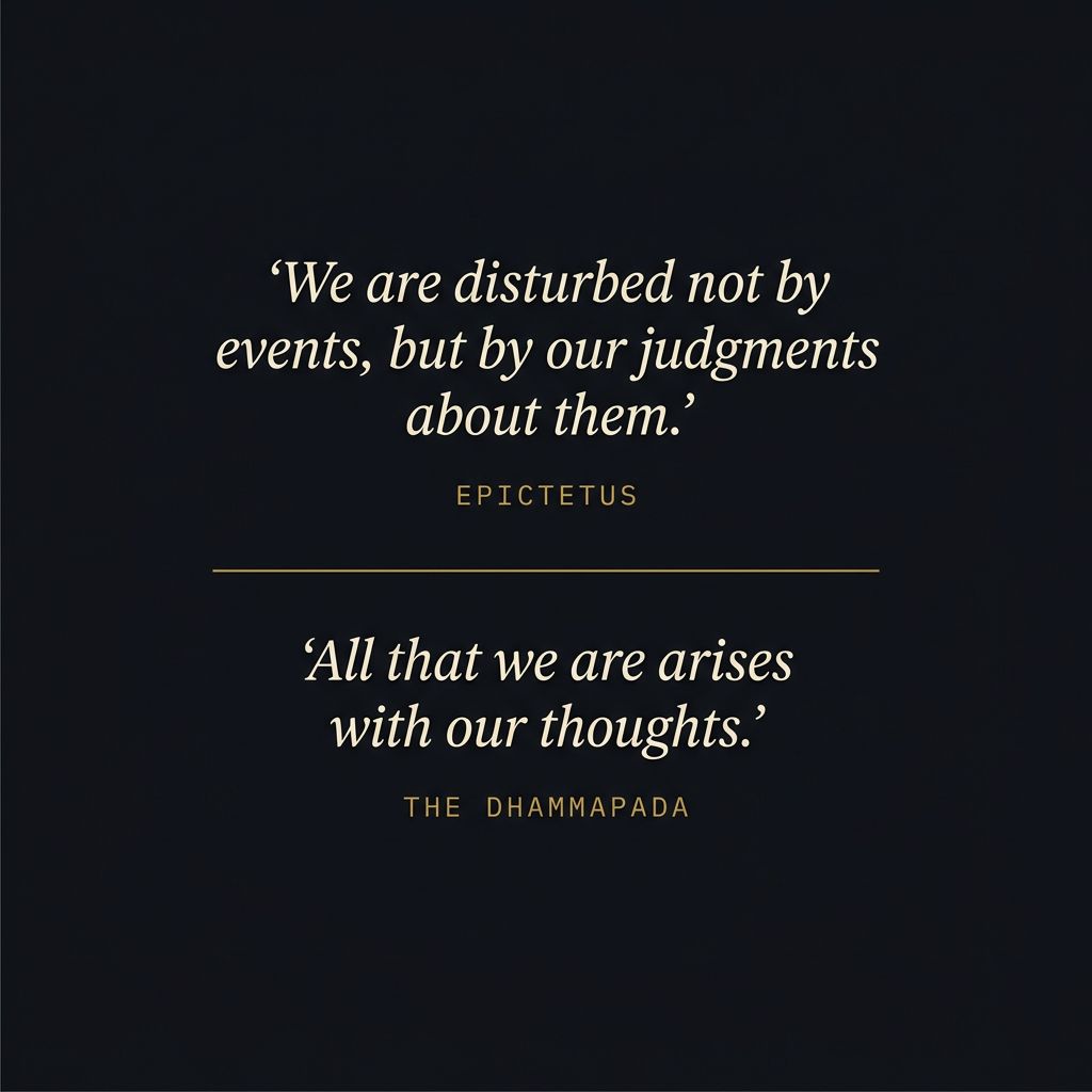 Two quotes side by side: Epictetus on being disturbed by judgments, and the Dhammapada on being shaped by our thoughts