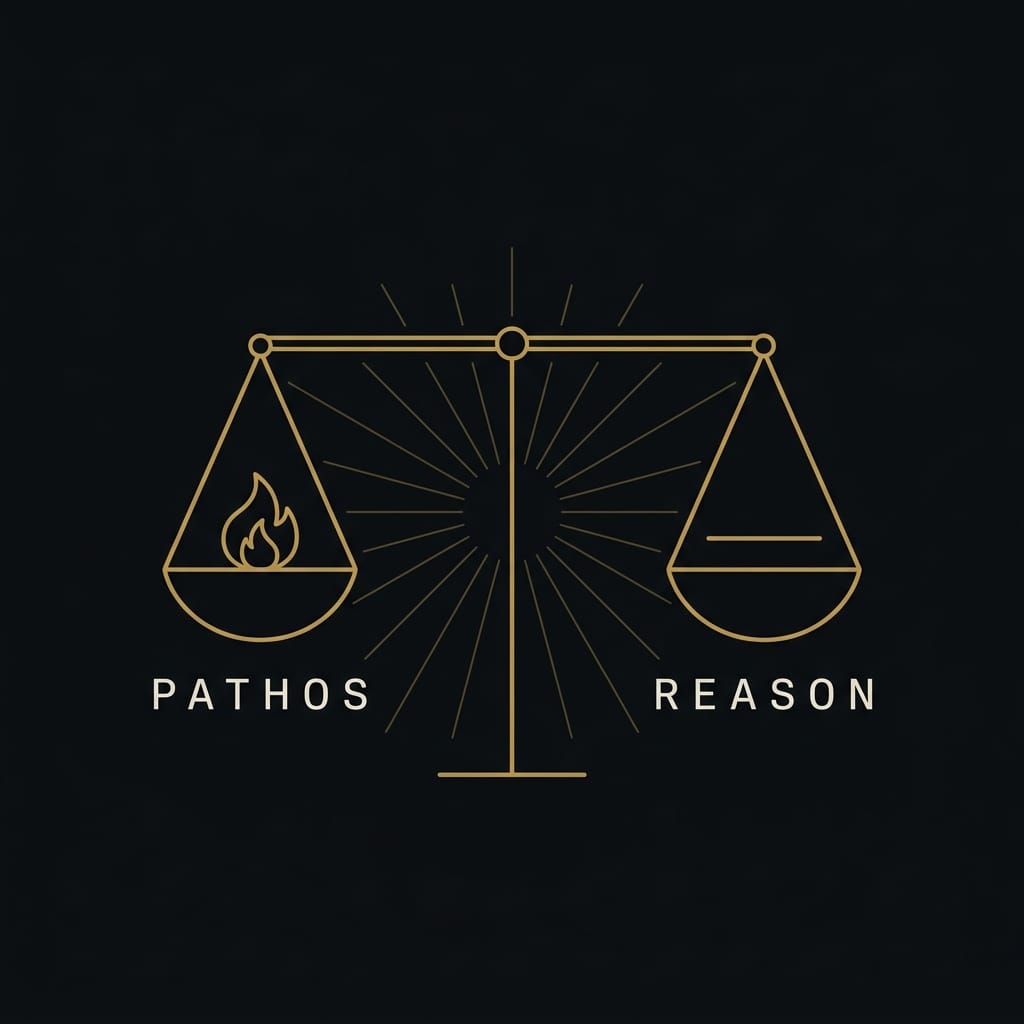 The four Stoic passions — distress, fear, desire, and pleasure — outlined in gold line art