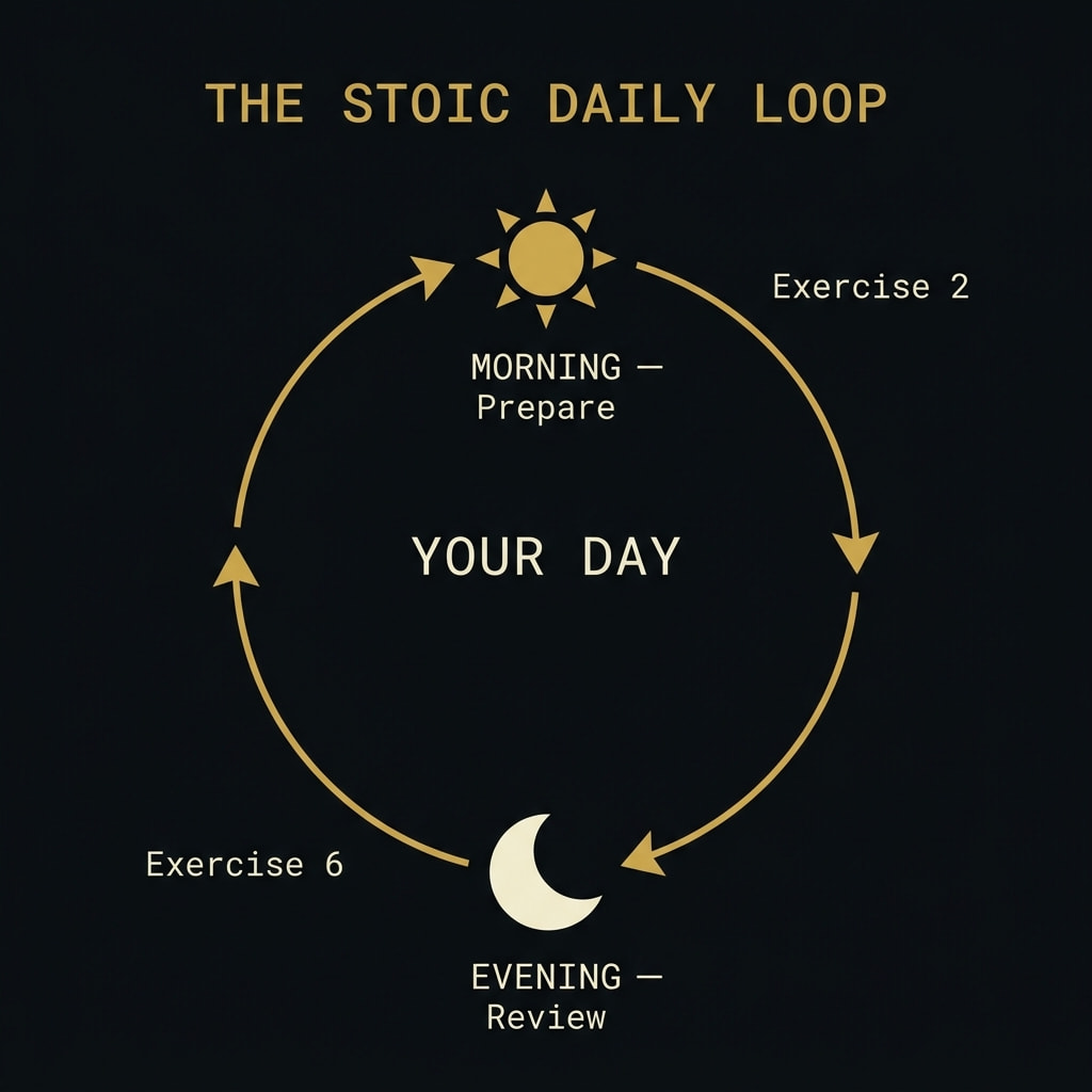 The Stoic daily loop — morning preparation and evening review cycle