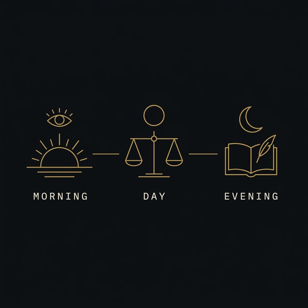 Stoic daily routine timeline: morning preparation, daytime discipline, evening review in gold line art