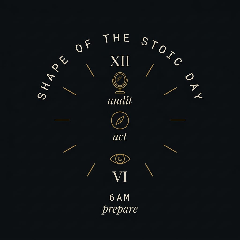 The minimal 10-minute stoic daily routine: three steps in gold line art on dark background