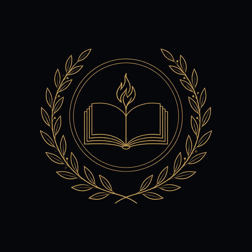 Stoic meditation: gold line-art hourglass beside an open notebook on a dark background