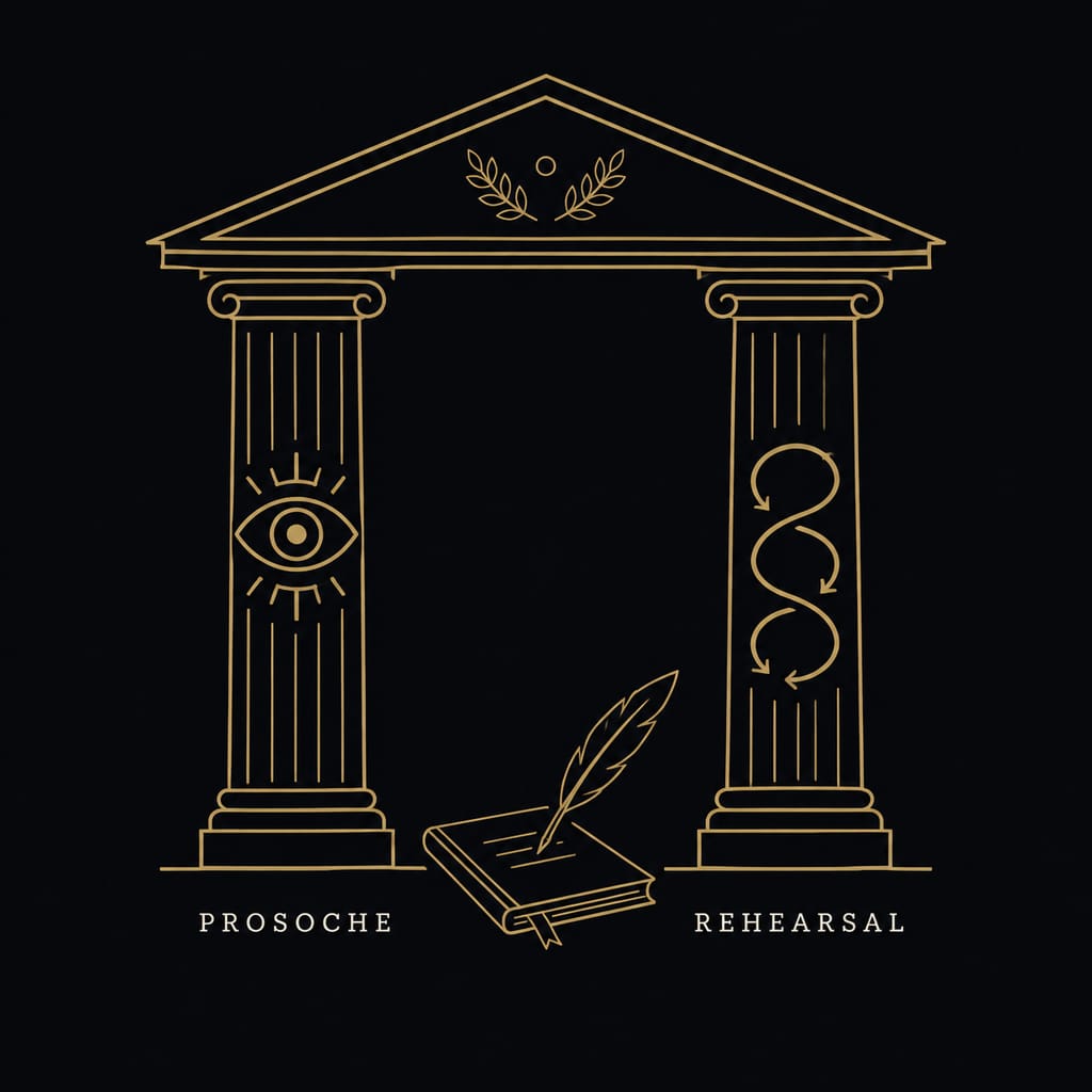 Stoic meditation compared with mindfulness meditation: two-column gold line-art diagram on a dark background