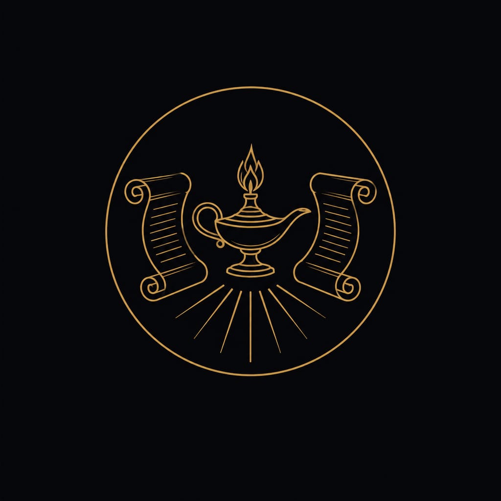Stoic journaling &mdash; gold line-art notebook and pen on a dark background