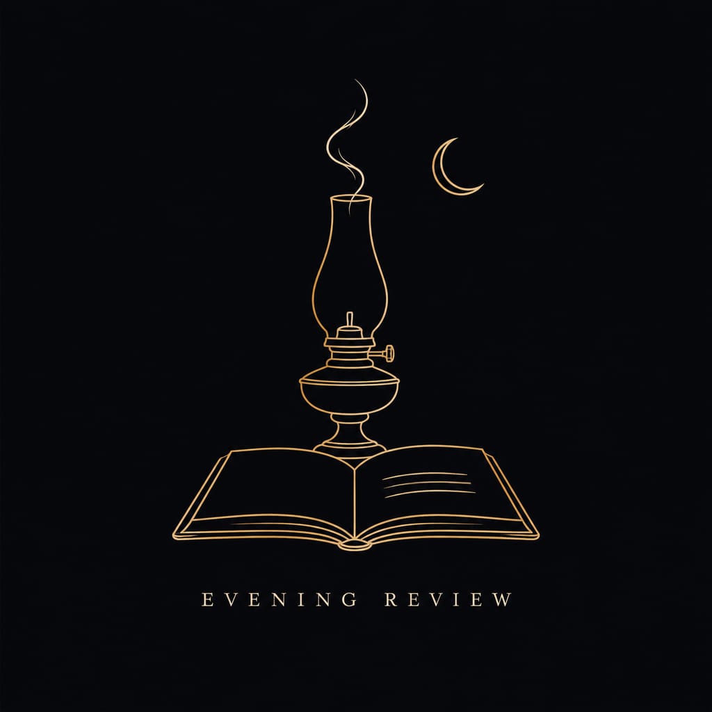 Seneca's nightly review, the origin of Stoic journaling: a gold line-art oil lamp beside a wax tablet
