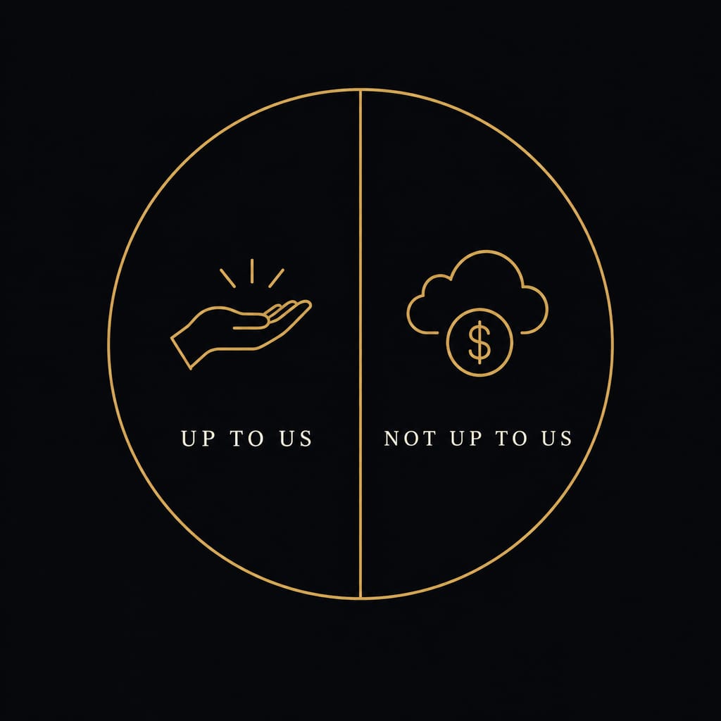Five-question Stoic journaling template, numbered 01 to 05, in gold line art on a dark background
