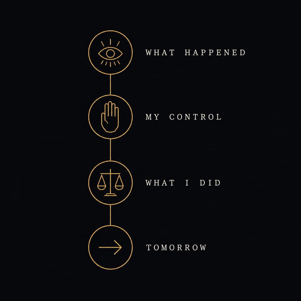 Stoic journaling versus a feelings diary: two-column comparison in gold line art, audit on the left, venting on the right