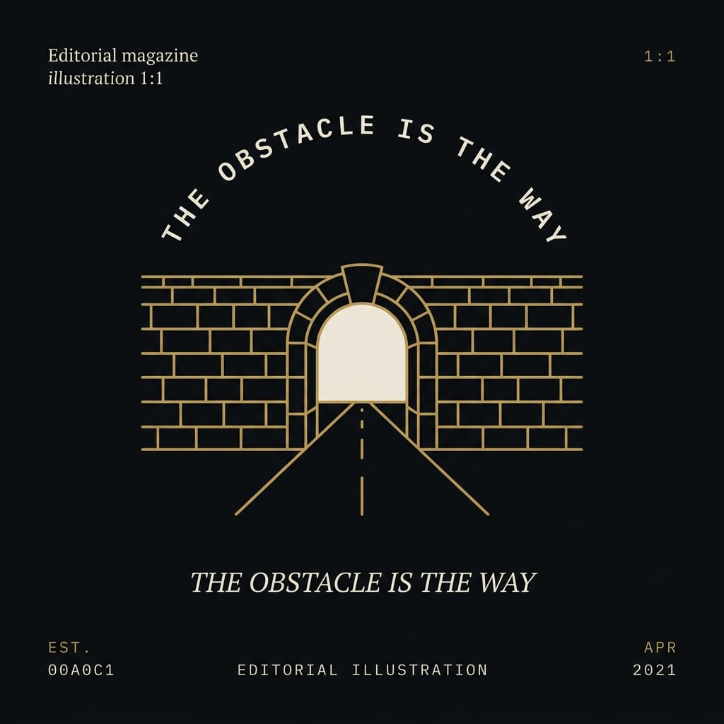 The obstacle is the way meaning illustrated &mdash; a blocked path bending into the path forward, gold line art
