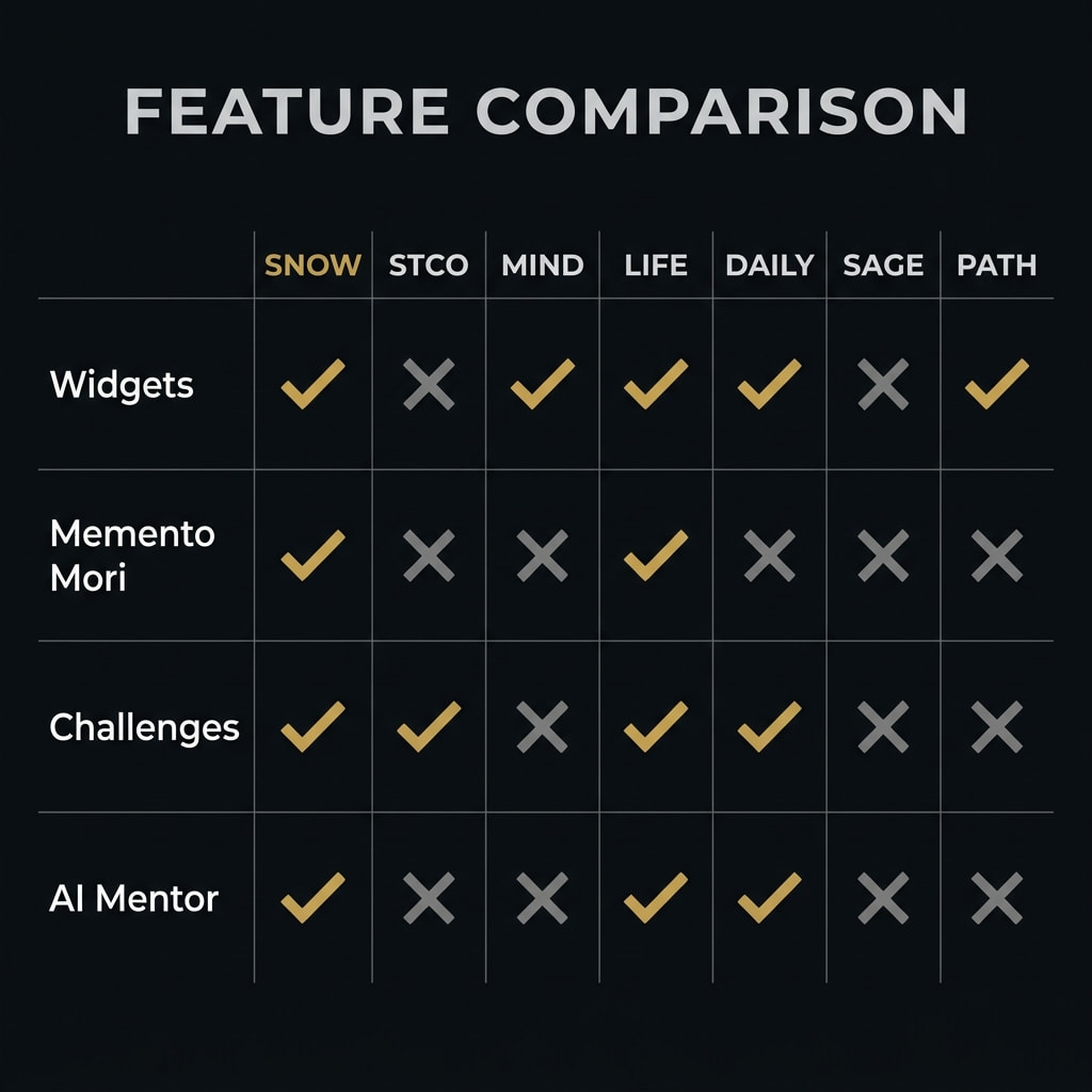 Feature comparison grid — widgets, memento mori, challenges, AI