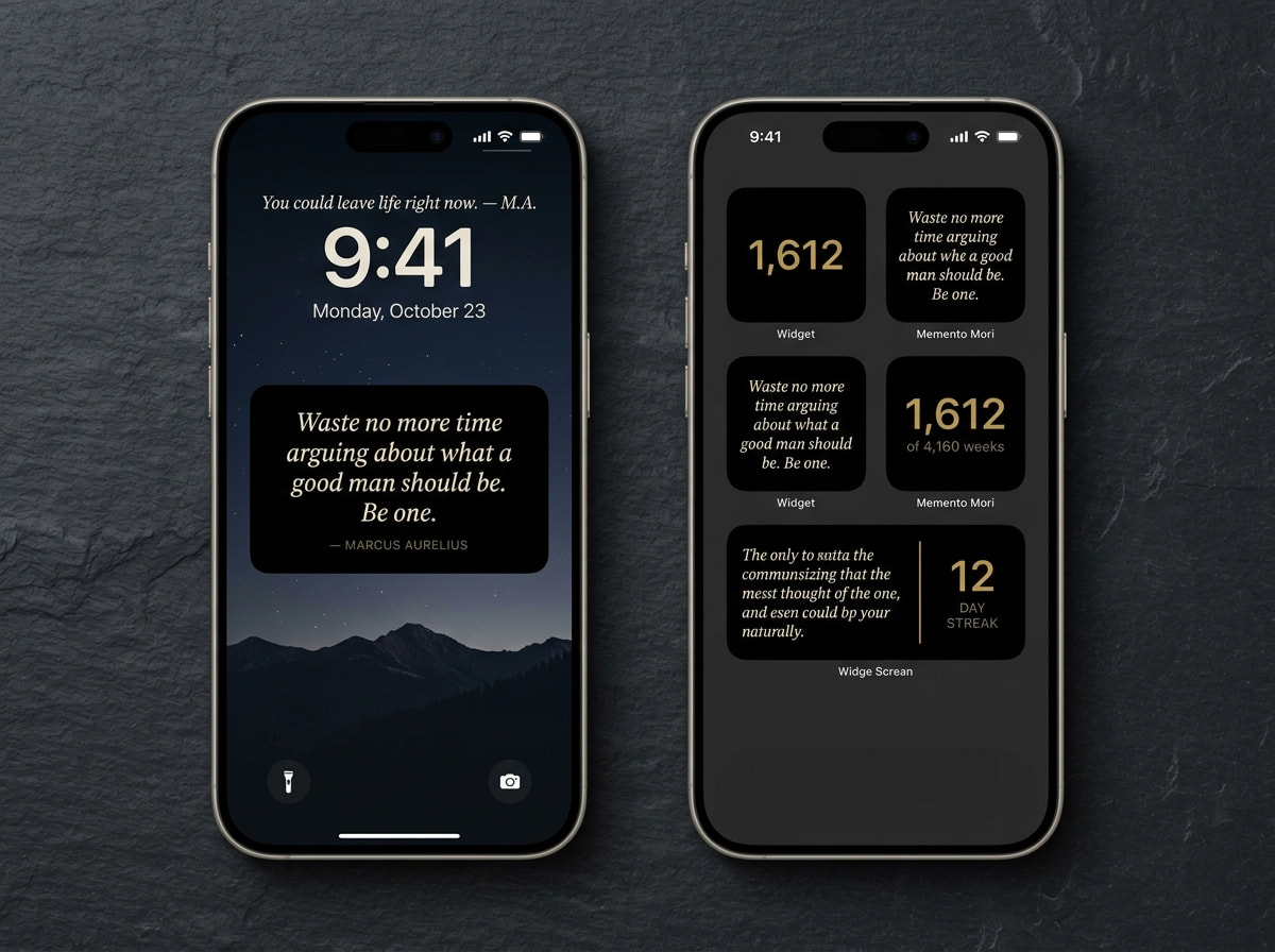 StoicNow app — lock screen widget, Memento Mori grid, AI Stoic Mentor