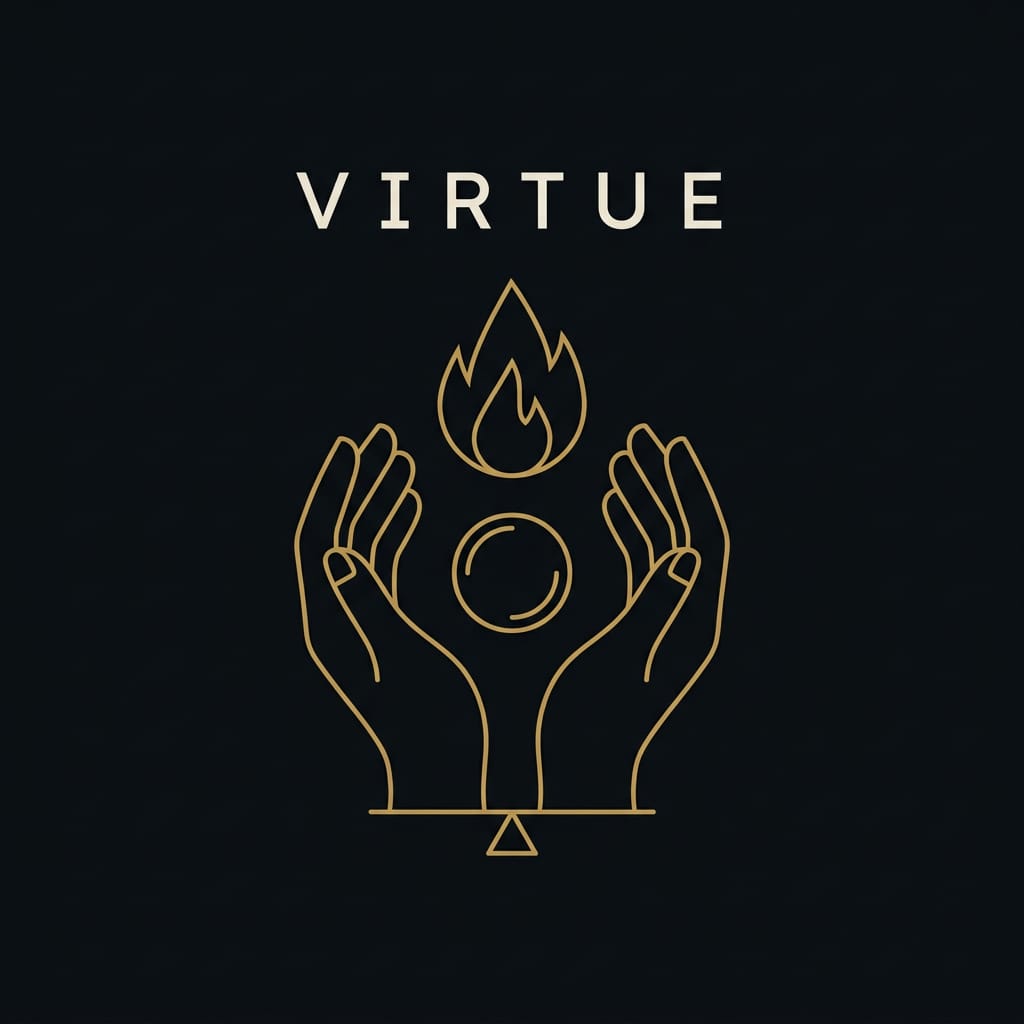 Stoicism and money &mdash; gold line-art scales weighing a coin against the word virtue on a dark background