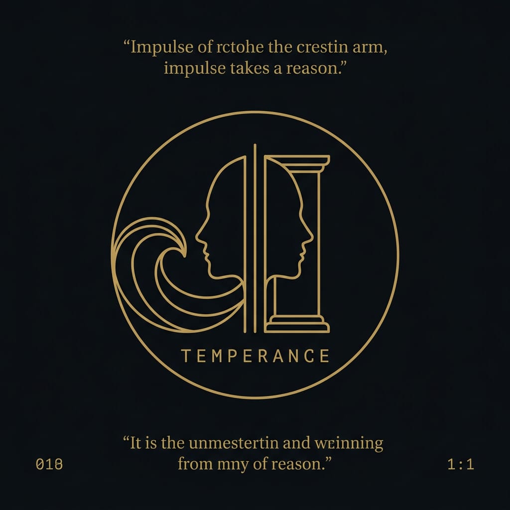 Stoic self-discipline illustrated as a steady gold line restraining a scattered impulse on a dark background