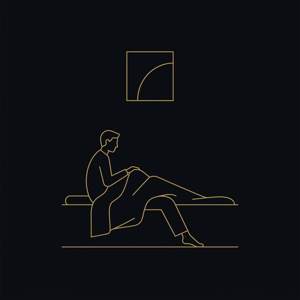 The four Stoic virtues as a gold compass with temperance highlighted, line-art on a dark background