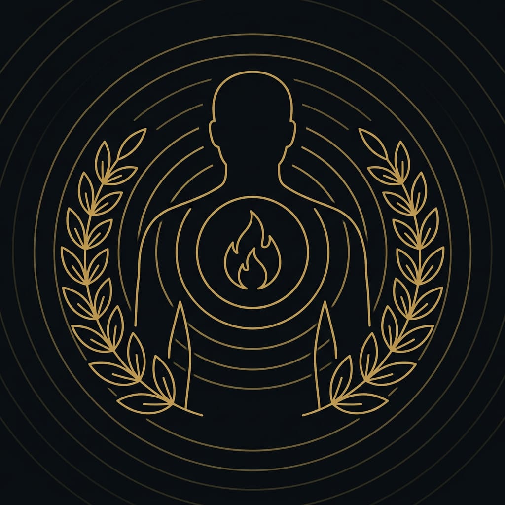 Are stoics emotionless — line-art figure with a calm, restrained expression on a dark gold background