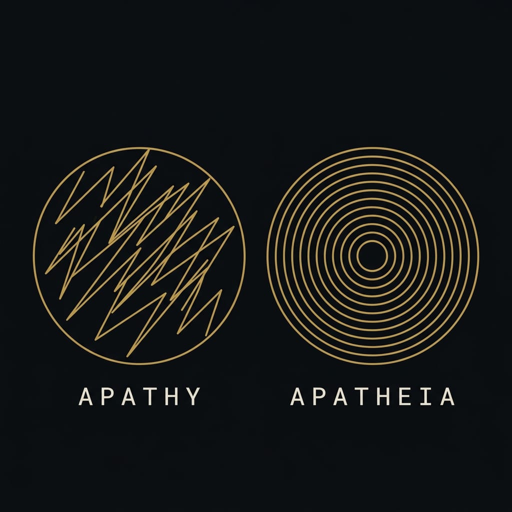 Two-column comparison of the modern myth of stoic apathy versus the Stoic goal of apatheia and rational feeling