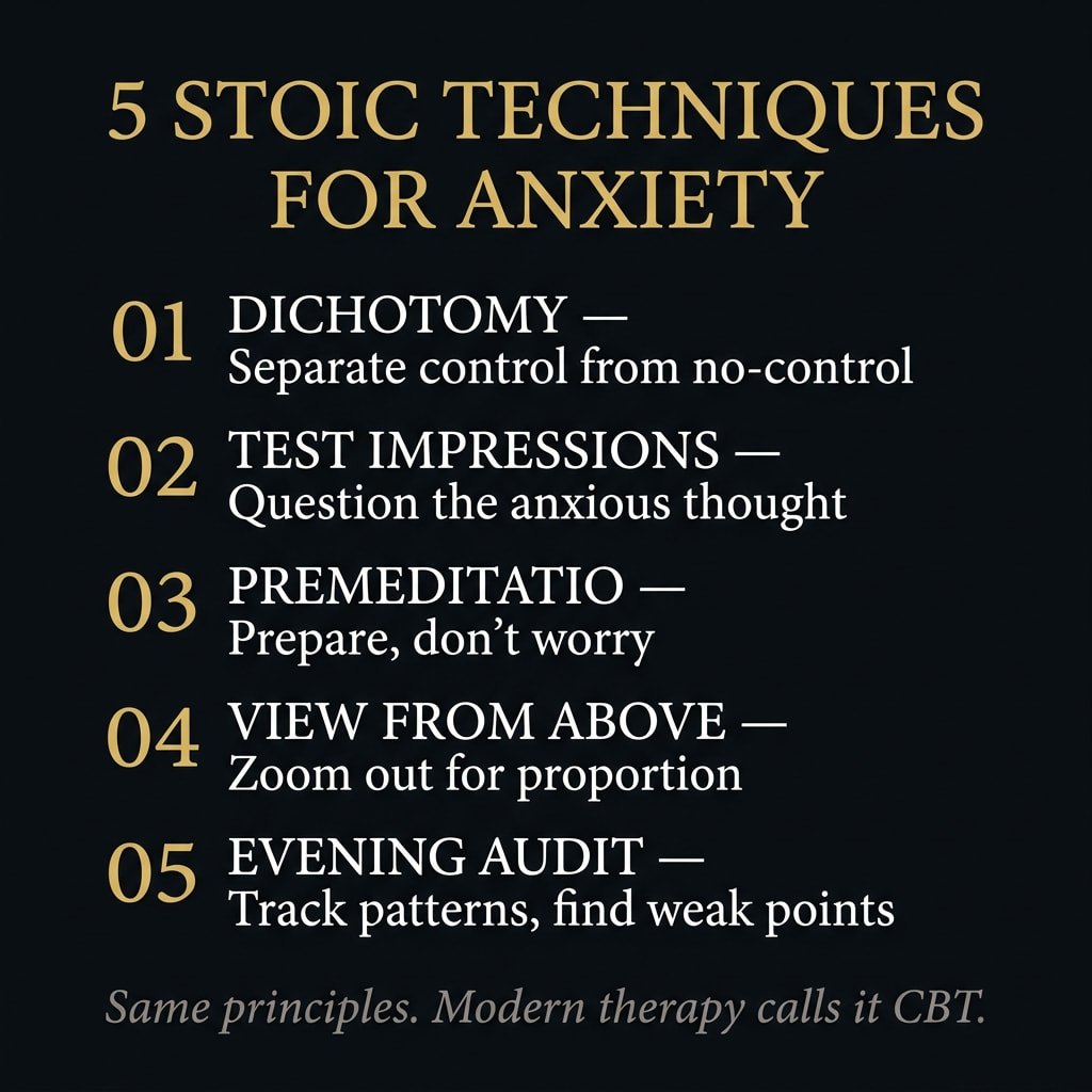 5 Stoic techniques for anxiety — dichotomy, impressions, premeditatio, view from above, evening audit