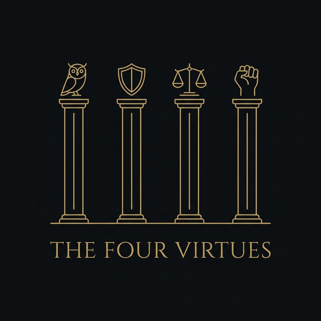 Concept illustration of the four cardinal Stoic virtues — wisdom, courage, justice, temperance — in gold outline