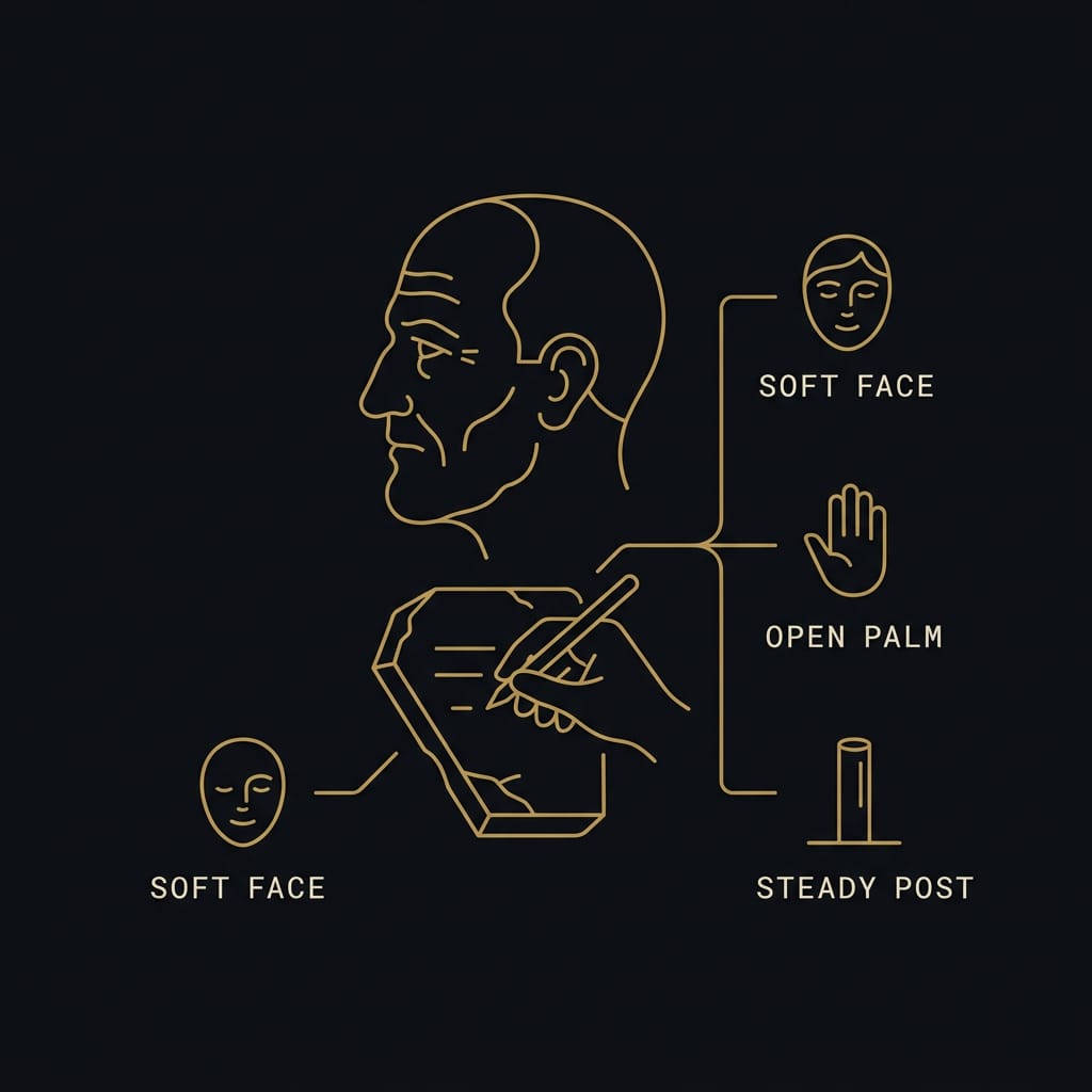 List infographic of six supporting Stoic character traits in gold monospace numbers on dark background