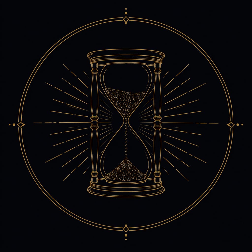 Best memento mori apps &mdash; a gold line-art hourglass and phone silhouette on a dark background