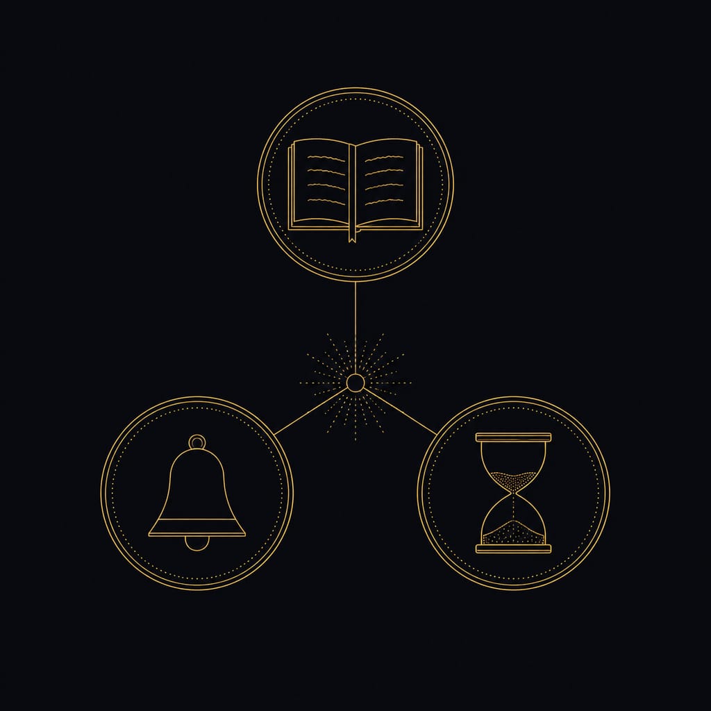 Memento mori app practice in daily Stoic routine &mdash; a gold line-art hourglass beside an open journal