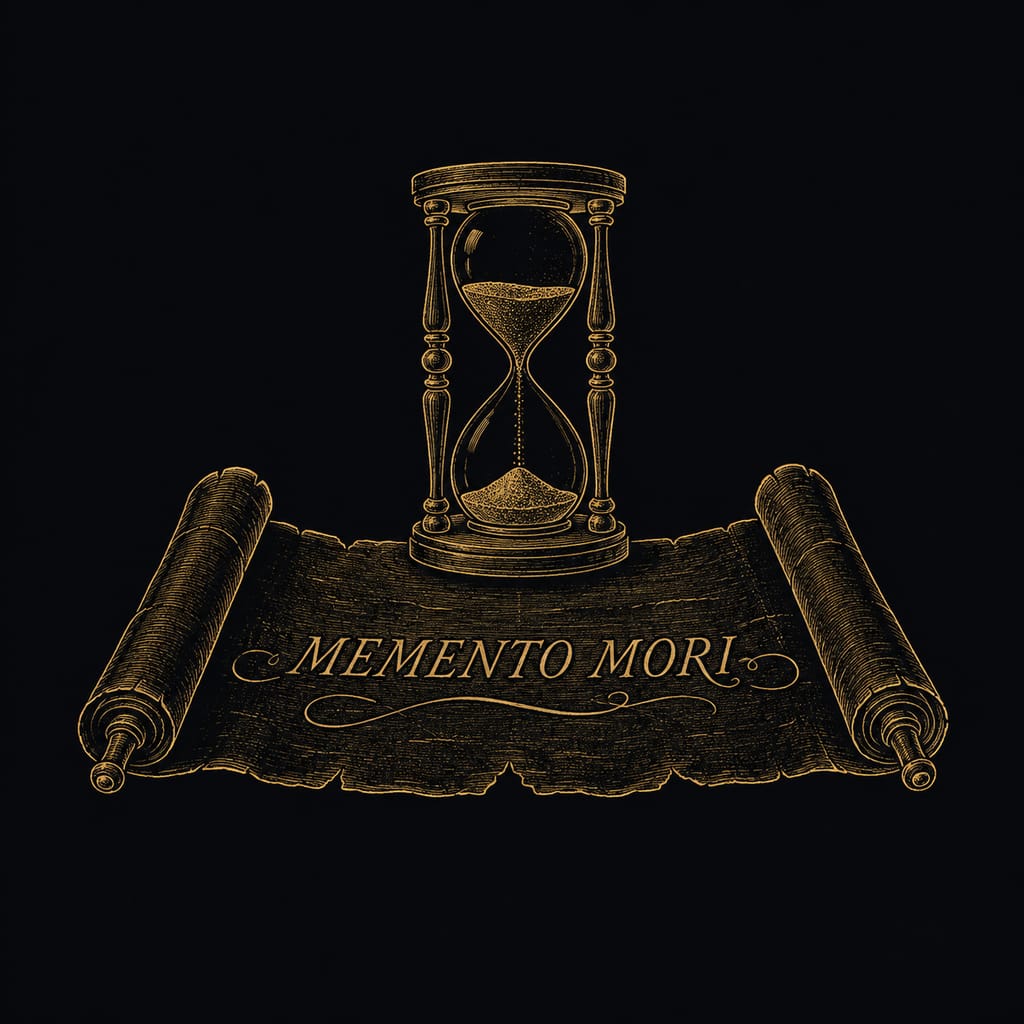 Hourglass line-art illustration representing finite time in Stoic memento mori practice