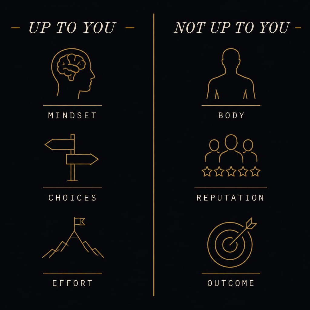 Three-ring circle of control diagram: control, influence, and concern, in gold line art